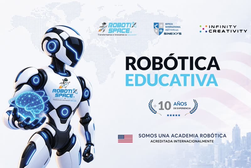 Robot de Robotix Space con el texto Robótica Educativa y los logos de Robotix Space, Edtech International Institute y Infinity Creativity